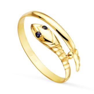 18K SORTIJA ORO AMARILLO SERPIENTE 1 VUELTA CON OJOS CIRCONITA AZULES,