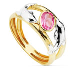 9K SORTIJA ORO BICOLOR DOBLE CUERPO CON DELFINES Y CIRCONITA ROSA OVAL, ANCHO: 10 MM