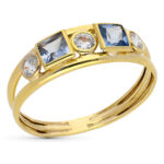 9K SORTIJA ORO AMARILLO DOBLE CUERPO CON CIRCONITAS BLANCAS Y COLOR AGUAMARINA, ANCHO: 4 MM