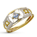 9K SORTIJA ORO BICOLOR DOBLE CUERPO CALADA CON CIRCONITA AGUAMARINA, ANCHO: 8 MM