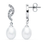 9K PENDIENTES ORO BLANCO PERLA 30X9 MM CIERRE PRESION