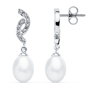 9K PENDIENTES ORO BLANCO PERLA 30X9 MM CIERRE PRESION