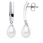 9K PENDIENTES ORO BLANCO PERLA 30X7 MM CIERRE PRESION