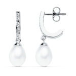 9K PENDIENTES ORO BLANCO PERLA 25X7 MM CIERRE PRESION