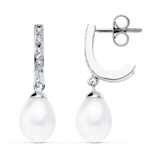 9K PENDIENTES ORO BLANCO PERLA 25X7 MM CIERRE PRESION