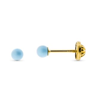 9K PENDIENTES ORO AMARILLO TURQUESA REDONDA 3 MM, CIERRE TUERCA