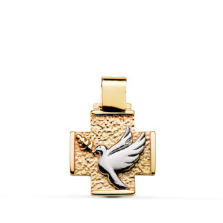 9K CRUZ ORO BICOLOR CON PALOMA Y FRASE "FRIEDE SEI MIT DIR" CON ESTRELLA, MEDIDA: 16X14 MM