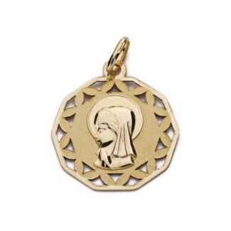 9K MEDALLA ORO AMARILLO VIRGEN NIÑA CALADA MATE Y BRILLO 17X17 MM