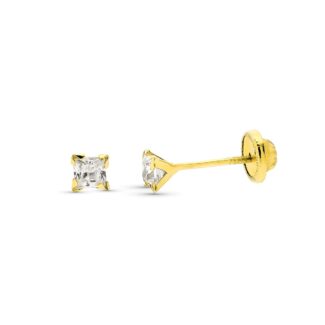 9K PENDIENTES ORO AMARILLO CIRCONITA CUADRADA 3X3 MM, CIERRE TUERCA