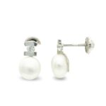 9K PENDIENTES ORO BLANCO PERLA CIRCONITA 10X6 MM CIERRE TUERCA