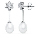 9K PENDIENTES ORO BLANCO PERLA 30X8 MM CIERRE PRESION