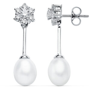 9K PENDIENTES ORO BLANCO PERLA 30X8 MM CIERRE PRESION