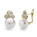 9K PENDIENTES ORO AMARILLO TREBOL Y PERLA 16X9 MM CIERRE CATALAN