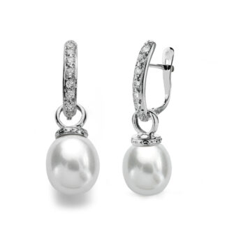9K PENDIENTES ORO BLANCO PERLA 28X9 MM CIERRE CATALAN