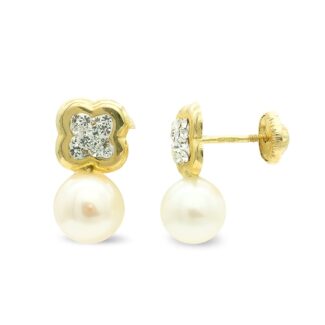 9K PENDIENTES ORO AMARILLO TU Y YO FLOR CON CIRCONITAS Y PERLA, 13X7 MM,CIERRE TUERCA