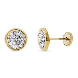 9K PENDIENTES ORO BICOLOR CIRCONITA REDONDOS 8 MM, CIERRE TUERCA