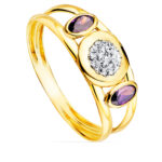 9K SORTIJA ORO AMARILLO DOBLE CUERPO CON AMATISTAS Y MOTIVO REDONDO, ANCHO: 8 MM