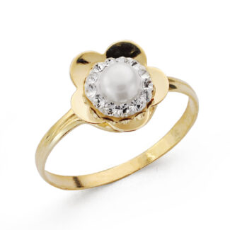 9K SORTIJA ORO AMARILLO FLOR CON PERLA Y CIRCONITAS, ANCHO: 9,5 MM