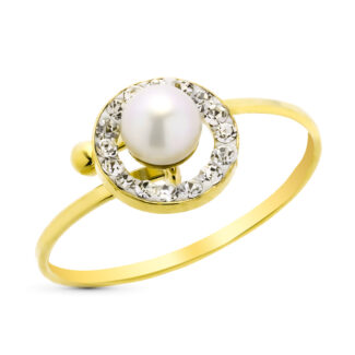 9K SORTIJA ORO AMARILLO AJUSTABLE CON CIRCONITAS Y PERLA DE 4 MM, ANCHO: 8 MM