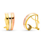 9K PENDIENTES ORO TRICOLOR BANDAS LISAS 18X9 MM CIERRE OMEGA