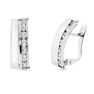 9K PENDIENTES ORO BLANCO BANDAS Y CIRCONITA 16X7 MM CIERRE CATALAN