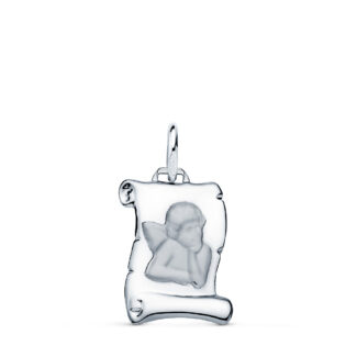 9K COLGANTE PERGAMINO ORO BLANCO ANGEL BURLON BRILLO 14X11 MM