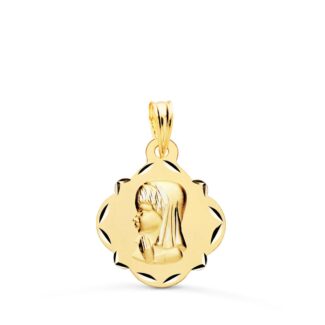 9K MEDALLA ORO AMARILLO VIRGEN NIÑA PERFIL PANDERETA TALLADA 19X16 MM