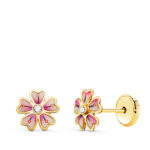 18K PENDIENTES ORO AMARILLO FLOR ROSA CON CIRCONITA, MEDIDA: 6 X 6MM, CIERRE TUERCA