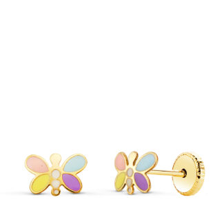 18K PENDIENTES ORO AMARILLO LIBELULA ESMALTE PASTEL 7 X 5 MM, CIERRE TUERCA