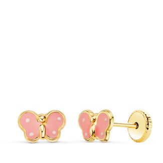 18K PENDIENTES ORO AMARILLO MARIPOSA ESMALTE ROSA 7 X 4,5 MM, CIERRE TUERCA
