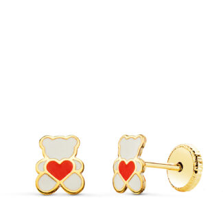 18K PENDIENTES ORO AMARILLO OSO ESMALTE BLANCO Y CORAZON, 6 X 4,5 MM, CIERRE TUERCA