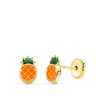 18K PENDIENTES ORO AMARILLO PIÑA ESMALTE NARANJA 6,5 X 4 MM, CIERRE TUERCA