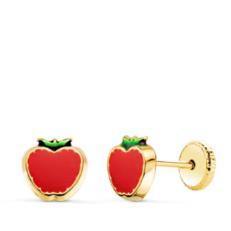 18K PENDIENTES ORO AMARILLO MANZANA ESMALTE ROJO, 6 X 6 MM, CIERRE TUERCA
