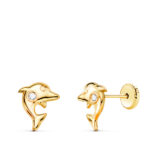 18K PENDIENTES ORO AMARILLO DELFINES CON CIRCONITA 8 X 6 MM, CIERRE TUERCA