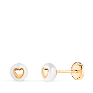 18K PENDIENTES ORO AMARILLO PERLA CON INTERIOR DE CORAZON, MEDIDA: 5 MM, CIERRE TUERCA