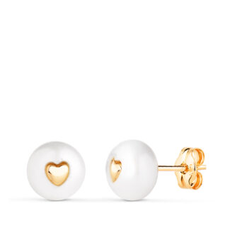 18K PENDIENTES ORO AMARILLO PERLA CON INTERIOR DE CORAZON, MEDIDA: 7 MM, CIERRE PRESION