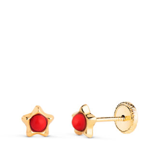 18K PENDIENTES ORO AMARILLO ESTRELLA CON CORAL DE 2,4MM, MEDIDA: 5 X 5MM, CIERRE TUERCA