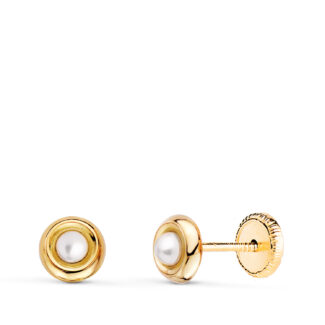 18K PENDIENTES ORO AMARILLO REDONDOS CON PERLAS DE 2,5MM, ANCHO: 5MM, CIERRE TUERCA