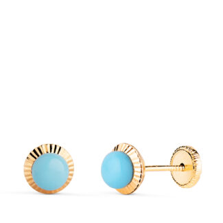 18K PENDIENTES ORO AMARILLO TURQUESA ORLA TALLADA 6 MM, CIERRE TUERCA