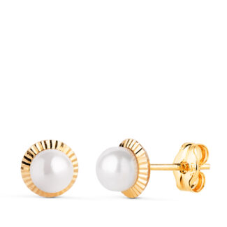 18K PENDIENTES ORO AMARILLO PERLA ORLA TALLADA 7 MM CIERRE PRESION
