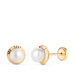 18K PENDIENTES ORO AMARILLO PERLA ORLA TALLADA 7 MM, CIERRE TUERCA