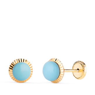 18K PENDIENTES ORO AMARILLO TURQUESA ORLA TALLADA 7 MM, CIERRE TUERCA