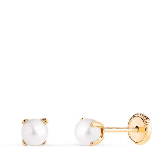 18K PENDIENTES ORO AMARILLO PERLA CON 4 GARRAS, MEDIDA: 4 MM, CIERRE TUERCA