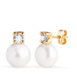 18K PENDIENTES ORO AMARILLO TU Y YO PERLA CON CIRCONITA, MEDIDA: 13 X 9 MM, CIERRE PRESION