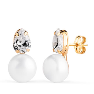 18K PENDIENTES ORO AMARILLO TU Y YO PERLA CON CIRCONITA GOTA, MEDIDA: 15 X 8 MM, CIERRE PRESION