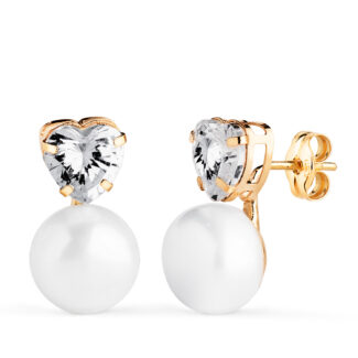 18K PENDIENTES ORO AMARILLO TU Y YO PERLA CON CIRCONITA CORAZON, MEDIDA: 14,5 X 8 MM, CIERRE PRESION