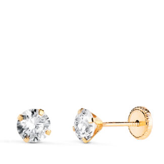 18K PENDIENTES ORO AMARILLO 4 GARRAS CON CIRCONITA, ANCHO: 5 MM CIERRE TUERCA