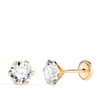 18K PENDIENTES ORO AMARILLO 6 GARRAS CON CIRCONITA, ANCHO: 6 MM CIERRE TUERCA
