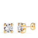 18K PENDIENTES ORO AMARILLO CIRCONITA 6MM CON 4 GARRAS, ANCHO: 6,5 MM, CIERRE TUERCA
