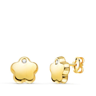 18K PENDIENTES ORO AMARILLO FLOR CON CIRCONITA BRILLO 7X7 MM, CIERRE PRESION